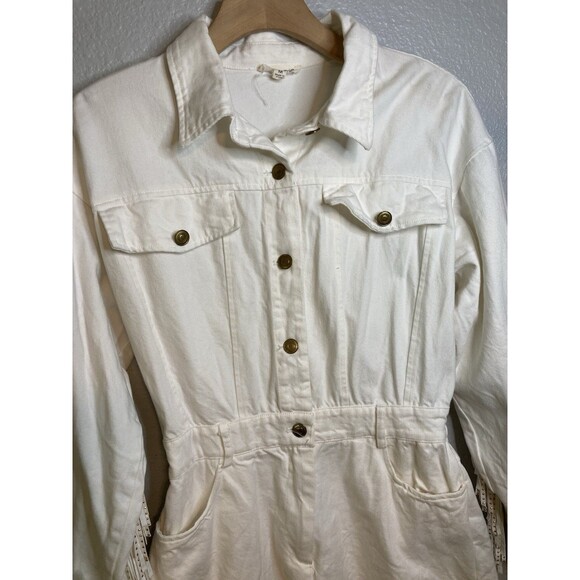 Rockabilly Gold Studded Fringe Western Denim Short Romper M Off White Boho - Picture 12 of 14